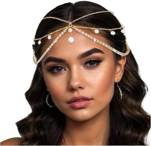 Gold Rhinestone Head Chain Boho Pearl Pendant Hair Chains Layered Headpiece Festival Valentines Prom Costume Hair Headband Accessories for Women in Saudi Arabia