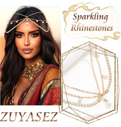 Gold Rhinestone Head Chain Boho Pearl Pendant Hair Chains Layered Headpiece Festival Valentines Prom Costume Hair Headband Accessories for Women in Saudi Arabia