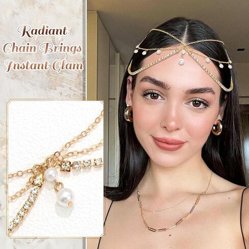 Gold Rhinestone Head Chain Boho Pearl Pendant Hair Chains Layered Headpiece Festival Valentines Prom Costume Hair Headband Accessories for Women in Saudi Arabia