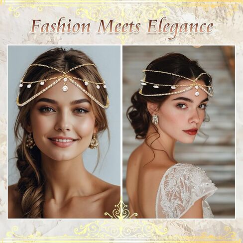 Gold Rhinestone Head Chain Boho Pearl Pendant Hair Chains Layered Headpiece Festival Valentines Prom Costume Hair Headband Accessories for Women in Saudi Arabia