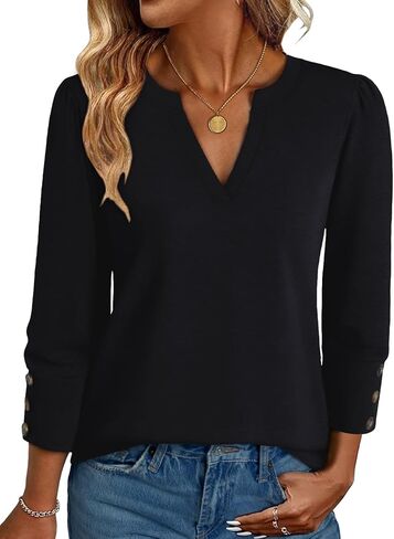 NORACORA ملابس علوية نسائية 3/4 كم مع أزرار رقبة على شكل V بلوزات للنساء ملابس صيفية أنيقة تي شيرت غير رسمي لقضاء إجازة الشاطئ in Kuwait