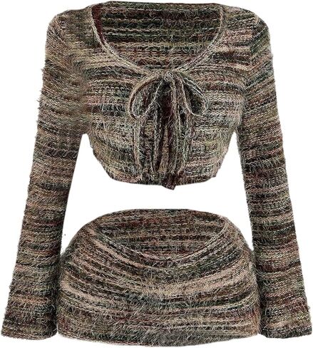 Verdusa Women's 2 Piece Y2K Outfits Fuzzy Striped Bow Tie Crop Cardigan with Mini Skirt Going Out Set in Saudi Arabia