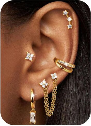 Fansilver 14K Gold Plated Earrings Stacks for Women, Hypoallergenic Surgical Stainless Steel Flat Back Earrings，Dainty Small Huggie Hoops Studs Earring-Cartilage Earring Set for Multiple Piercing in Saudi Arabia