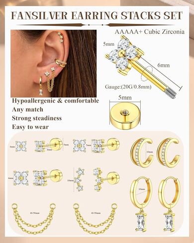 Fansilver 14K Gold Plated Earrings Stacks for Women, Hypoallergenic Surgical Stainless Steel Flat Back Earrings，Dainty Small Huggie Hoops Studs Earring-Cartilage Earring Set for Multiple Piercing in Saudi Arabia