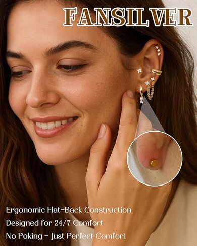 Fansilver 14K Gold Plated Earrings Stacks for Women, Hypoallergenic Surgical Stainless Steel Flat Back Earrings，Dainty Small Huggie Hoops Studs Earring-Cartilage Earring Set for Multiple Piercing in Saudi Arabia