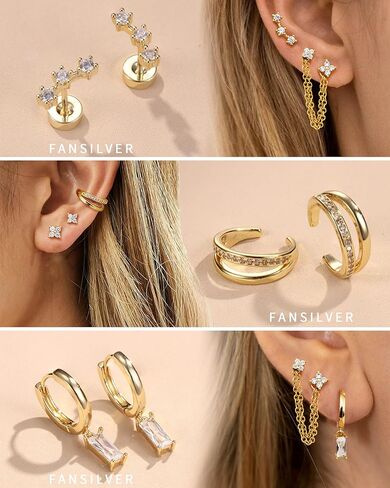 Fansilver 14K Gold Plated Earrings Stacks for Women, Hypoallergenic Surgical Stainless Steel Flat Back Earrings，Dainty Small Huggie Hoops Studs Earring-Cartilage Earring Set for Multiple Piercing in Saudi Arabia