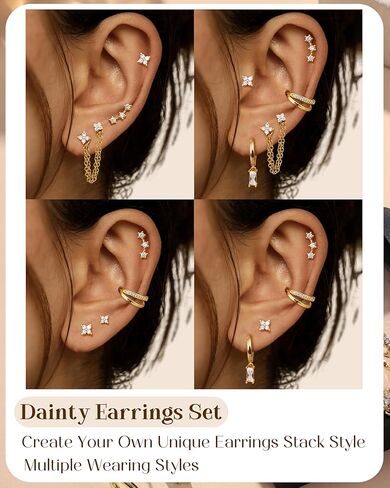 Fansilver 14K Gold Plated Earrings Stacks for Women, Hypoallergenic Surgical Stainless Steel Flat Back Earrings，Dainty Small Huggie Hoops Studs Earring-Cartilage Earring Set for Multiple Piercing in Saudi Arabia