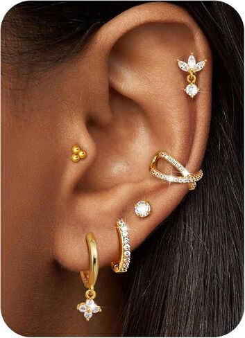 Fansilver 14K Gold Plated Earrings Stacks for Women, Hypoallergenic Surgical Stainless Steel Flat Back Earrings，Dainty Small Huggie Hoops Studs Earring-Cartilage Earring Set for Multiple Piercing in Saudi Arabia