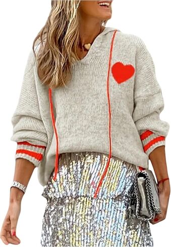 GORGLITTER Women's Winter Sweater Oversized Hooded Heart Striped Loose Chunky V Neck Sweaters 2025 Trendy in Kuwait