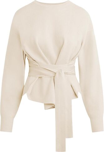 Yeokou Women Tie Front Sweater Soft Loose Long Sleeve Crew Neck Belt Knit Pullover Top Office Dressy in Saudi Arabia