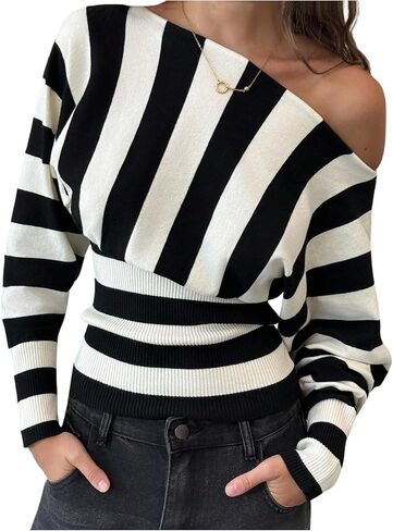 Verdusa Off The Shoulder Sweater Cozy Striped Long Sleeve Shirt Women Cinched Waist Tops in Saudi Arabia