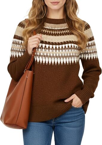 سترة Maxure النسائية Fair Isle، سترة كلاسيكية محبوكة مكتنزة بياقة دائرية وأكمام طويلة كاجوال للملابس الخارجية الشتوية in Saudi Arabia
