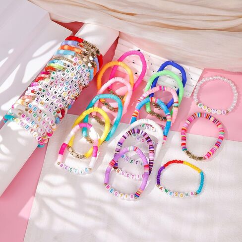 36Pcs Beaded Friendship Bracelet for Women Heishi Clay Colorful Bracelet Stackable Preppy Sufer Stretch Bracelets Set Boho School Gifts Party Favors in Saudi Arabia