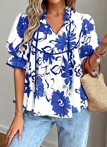 PRETTYGARDEN Womens Summer Tops 2026 Cute Puff Sleeve Ruffle V Neck Babydoll T-Shirts Boho Floral Spring Peplum Shirts in Saudi Arabia