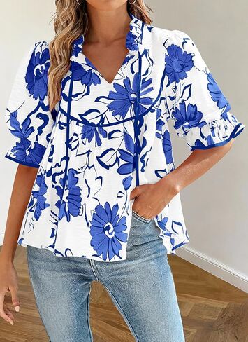 PRETTYGARDEN Womens Summer Tops 2026 Cute Puff Sleeve Ruffle V Neck Babydoll T-Shirts Boho Floral Spring Peplum Shirts in Saudi Arabia