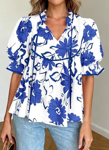 PRETTYGARDEN Womens Summer Tops 2026 Cute Puff Sleeve Ruffle V Neck Babydoll T-Shirts Boho Floral Spring Peplum Shirts in Saudi Arabia