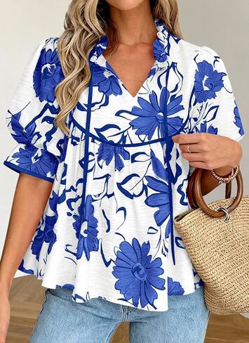 PRETTYGARDEN Womens Summer Tops 2026 Cute Puff Sleeve Ruffle V Neck Babydoll T-Shirts Boho Floral Spring Peplum Shirts in Saudi Arabia