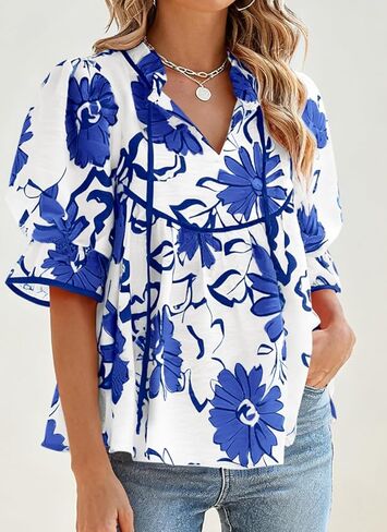 PRETTYGARDEN Womens Summer Tops 2026 Cute Puff Sleeve Ruffle V Neck Babydoll T-Shirts Boho Floral Spring Peplum Shirts in Saudi Arabia