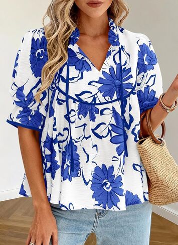 PRETTYGARDEN Womens Summer Tops 2026 Cute Puff Sleeve Ruffle V Neck Babydoll T-Shirts Boho Floral Spring Peplum Shirts in Saudi Arabia