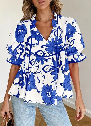PRETTYGARDEN Womens Summer Tops 2026 Cute Puff Sleeve Ruffle V Neck Babydoll T-Shirts Boho Floral Spring Peplum Shirts in Saudi Arabia