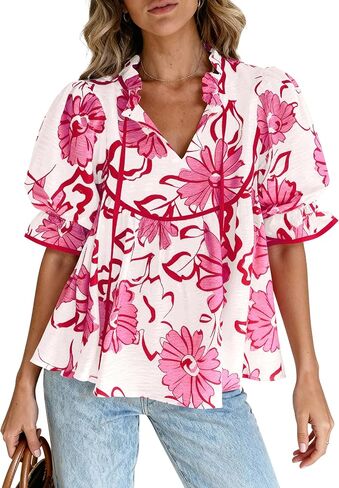 PRETTYGARDEN Womens Summer Tops 2026 Cute Puff Sleeve Ruffle V Neck Babydoll T-Shirts Boho Floral Spring Peplum Shirts in Saudi Arabia