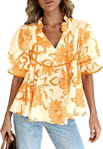 PRETTYGARDEN Womens Summer Tops 2026 Cute Puff Sleeve Ruffle V Neck Babydoll T-Shirts Boho Floral Spring Peplum Shirts in Saudi Arabia