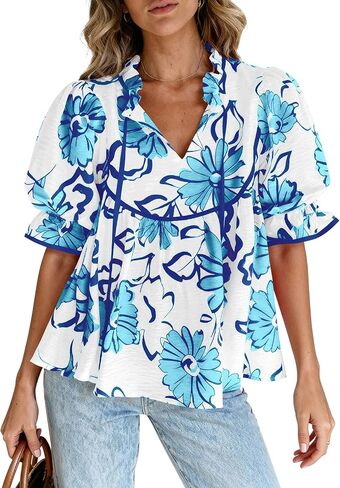 PRETTYGARDEN Womens Summer Tops 2026 Cute Puff Sleeve Ruffle V Neck Babydoll T-Shirts Boho Floral Spring Peplum Shirts in Saudi Arabia