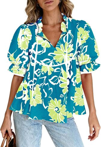 PRETTYGARDEN Womens Summer Tops 2026 Cute Puff Sleeve Ruffle V Neck Babydoll T-Shirts Boho Floral Spring Peplum Shirts in Saudi Arabia