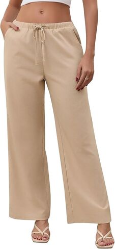 QIANXIZHAN Linen Pants Women,Summer Beach Wide Leg Palazzo Pants Drawstring in Saudi Arabia
