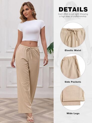 QIANXIZHAN Linen Pants Women,Summer Beach Wide Leg Palazzo Pants Drawstring in Saudi Arabia
