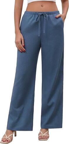 QIANXIZHAN Linen Pants Women,Summer Beach Wide Leg Palazzo Pants Drawstring in Saudi Arabia