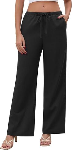 QIANXIZHAN Linen Pants Women,Summer Beach Wide Leg Palazzo Pants Drawstring in Saudi Arabia
