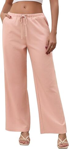 QIANXIZHAN Linen Pants Women,Summer Beach Wide Leg Palazzo Pants Drawstring in Saudi Arabia