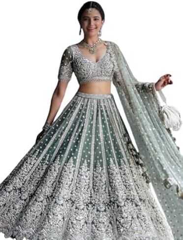 ملابس خطوبة شبكية من الترتر الأخضر الجذاب Lehenga Choli مع Dupatta in Kuwait