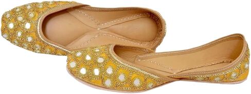 Traditional Indian Handcrafted Women's Juttis, Gold Mirror Work Embellished Ballet Flats in Saudi Arabia