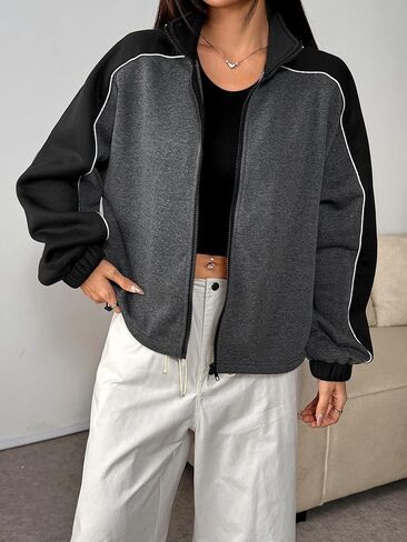 Women Color-Block Track Jacket Stripes Oversized Fit for Retro Casual Streetwear Outfits in Saudi Arabia