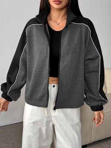 Women Color-Block Track Jacket Stripes Oversized Fit for Retro Casual Streetwear Outfits in Saudi Arabia