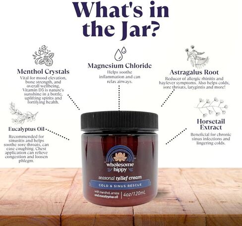 Wholesome Hippy Menthol & Eucalyptus Comfort Balm – Natural Aromatherapy Chest & Body Rub with Shea, Cocoa & Mango Butters, Peppermint & Spearmint Oils – 4oz in Saudi Arabia