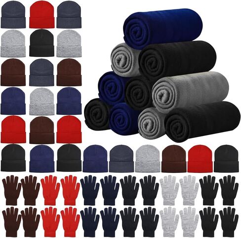Hillban 60 Pcs Bulk Warm Blankets Beanies and Gloves Knit Beanie Cap Winter Gloves Blankets for Women Men Homeless Donation in Saudi Arabia