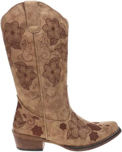 Roper Womens Riley Flowers Floral Embroidered Snip Toe Pull On Casual Boots Mid Calf Low Heel 1-2" - Brown in Saudi Arabia