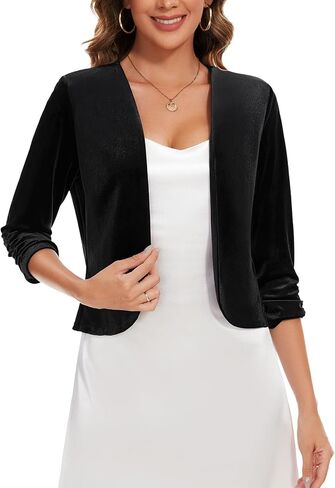 MINTLIMIT Velvet Blazers for Women 3/4 Ruched Sleeve Open Front Casual Work Office Cropped Cardigan Suit Jacket Black Medium in Saudi Arabia