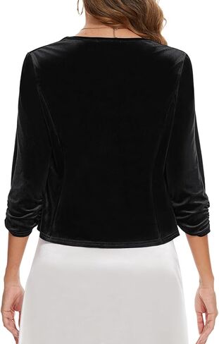 MINTLIMIT Velvet Blazers for Women 3/4 Ruched Sleeve Open Front Casual Work Office Cropped Cardigan Suit Jacket Black Medium in Saudi Arabia