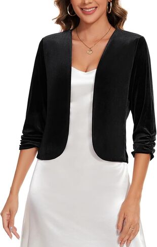 MINTLIMIT Velvet Blazers for Women 3/4 Ruched Sleeve Open Front Casual Work Office Cropped Cardigan Suit Jacket Black Medium in Saudi Arabia