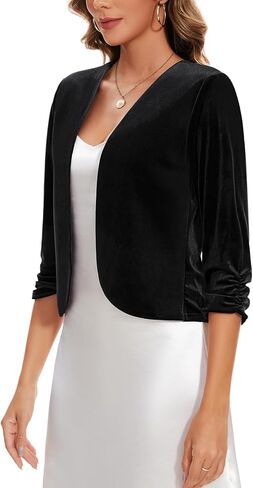 MINTLIMIT Velvet Blazers for Women 3/4 Ruched Sleeve Open Front Casual Work Office Cropped Cardigan Suit Jacket Black Medium in Saudi Arabia