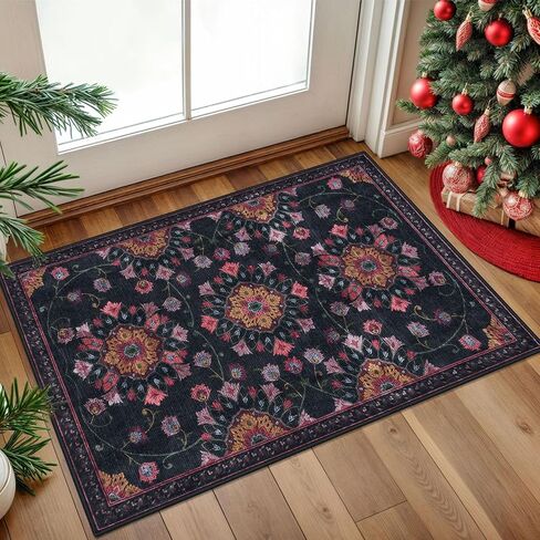 Modern Floral 2x3 Rugs for Entryway Blue Washable Small Area Rug Non-Slip Ultra Thin Soft Print Flower Low-Pile Indoor Door Mat Floor Carpet for Entrance, Bedroom, Bathroom, Home Décor in Saudi Arabia