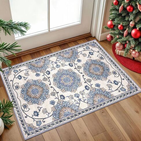Modern Floral 2x3 Rugs for Entryway Blue Washable Small Area Rug Non-Slip Ultra Thin Soft Print Flower Low-Pile Indoor Door Mat Floor Carpet for Entrance, Bedroom, Bathroom, Home Décor in Saudi Arabia