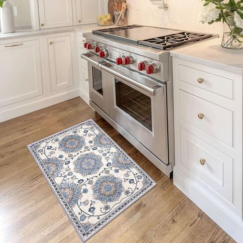 Modern Floral 2x3 Rugs for Entryway Blue Washable Small Area Rug Non-Slip Ultra Thin Soft Print Flower Low-Pile Indoor Door Mat Floor Carpet for Entrance, Bedroom, Bathroom, Home Décor in Saudi Arabia