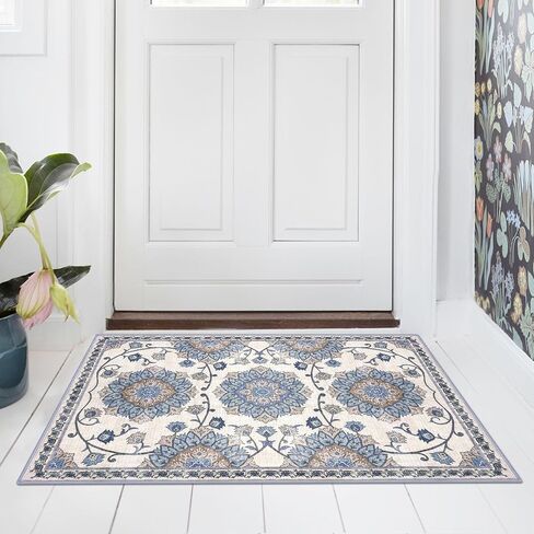 Modern Floral 2x3 Rugs for Entryway Blue Washable Small Area Rug Non-Slip Ultra Thin Soft Print Flower Low-Pile Indoor Door Mat Floor Carpet for Entrance, Bedroom, Bathroom, Home Décor in Saudi Arabia