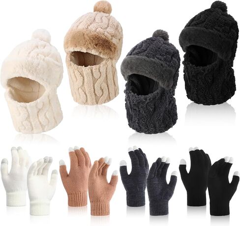 8 Pcs Winter 3 in 1 Hat Scarf Mask & Gloves Set for Women Touchscreen Knit Gloves Plush Earmuff Ski Mask Balaclava Hat with Pompom for Cold Weather in Saudi Arabia