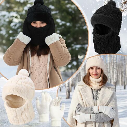 8 Pcs Winter 3 in 1 Hat Scarf Mask & Gloves Set for Women Touchscreen Knit Gloves Plush Earmuff Ski Mask Balaclava Hat with Pompom for Cold Weather in Saudi Arabia